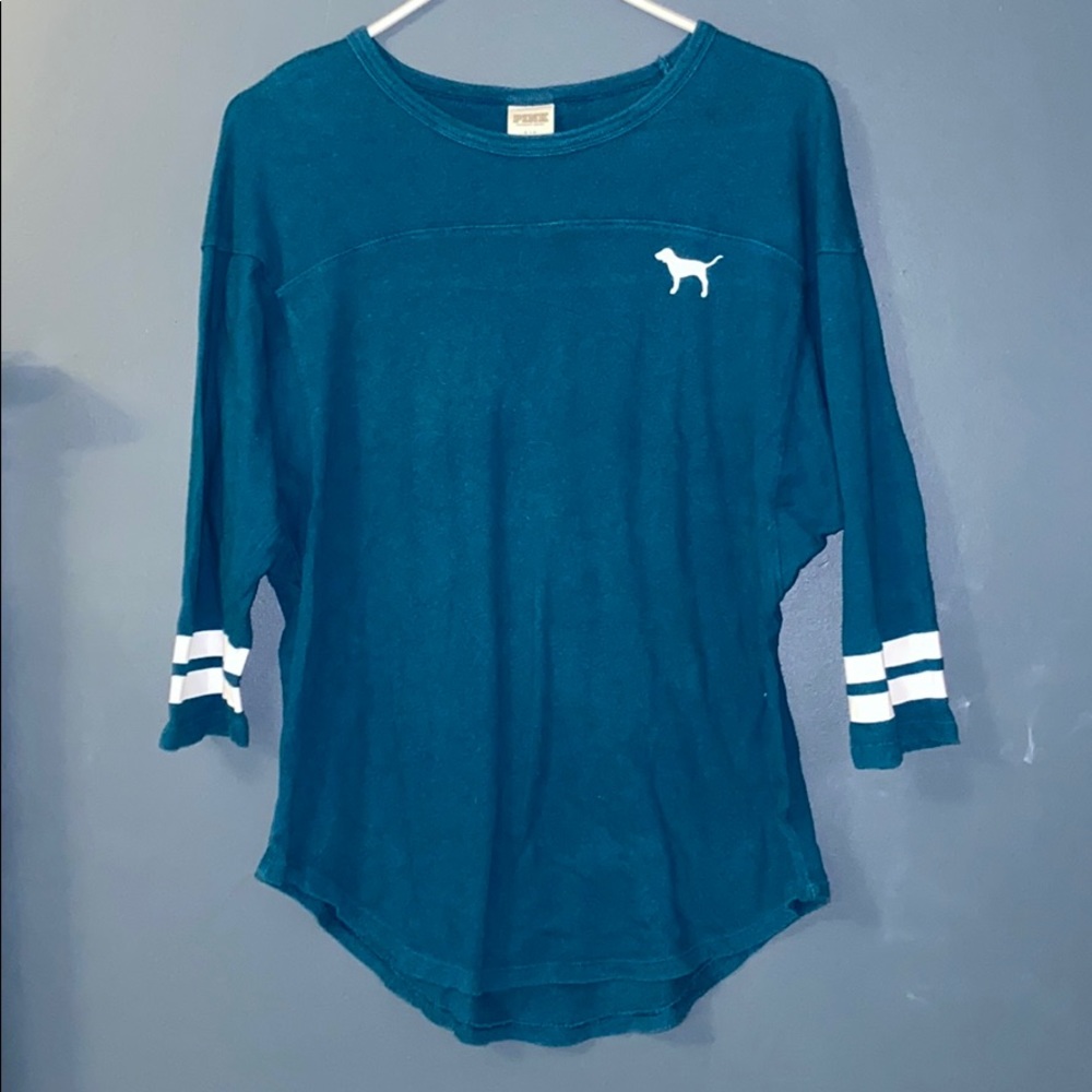 PINK Crewneck with Dog and Striped Sleeves